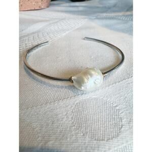 Baroque Pearl Cuff Bracelet Minimal Silver Tone Open Bangle